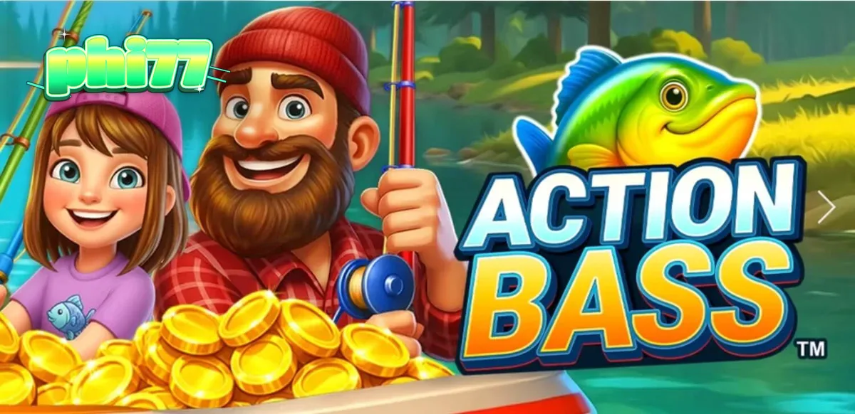 Tampilan visual slot Action Bass dengan latar belakang danau yang tenang dan simbol bertema memancing.